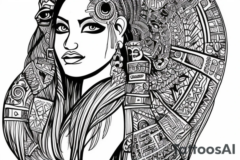 Hand drawn face portrait of an Aztec princess with beautiful blue eyes detail drawing tattoo idea