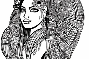 Hand drawn face portrait of an Aztec princess with beautiful blue eyes detail drawing tattoo idea