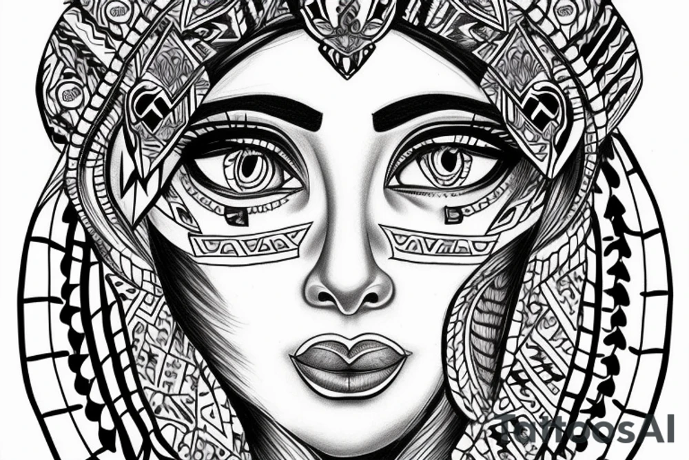 Hand drawn face portrait of an Aztec princess with beautiful blue eyes detail drawing tattoo idea