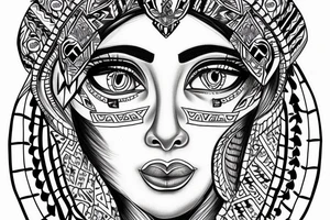 Hand drawn face portrait of an Aztec princess with beautiful blue eyes detail drawing tattoo idea