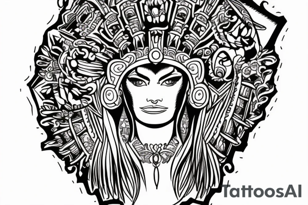 Beautiful Aztecs princess portrait hand detail drawn tattoo idea