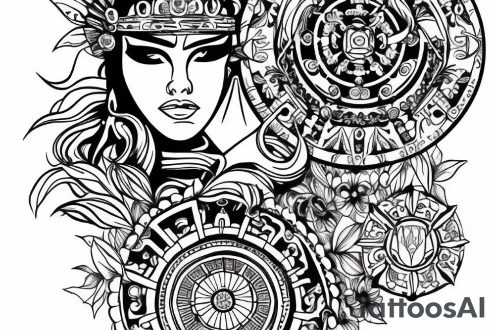 Beautiful Aztecs princess portrait hand detail drawn tattoo idea