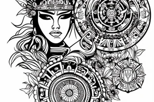 Beautiful Aztecs princess portrait hand detail drawn tattoo idea
