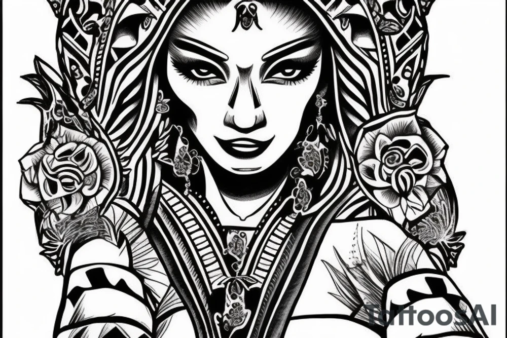 Beautiful Aztecs princess portrait hand detail drawn tattoo idea