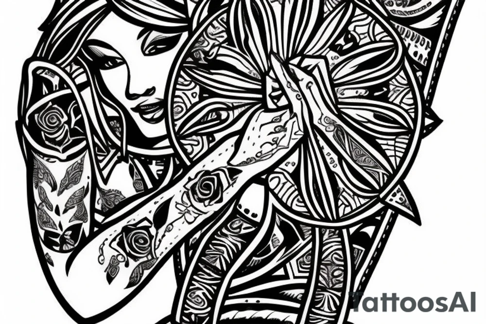 Beautiful Aztecs princess portrait hand detail drawn tattoo idea