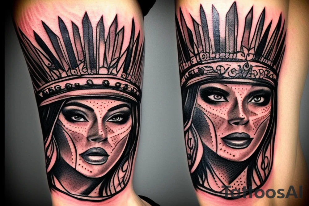 Beautiful Aztecs princess portrait hand detail drawn eyes tattoo idea