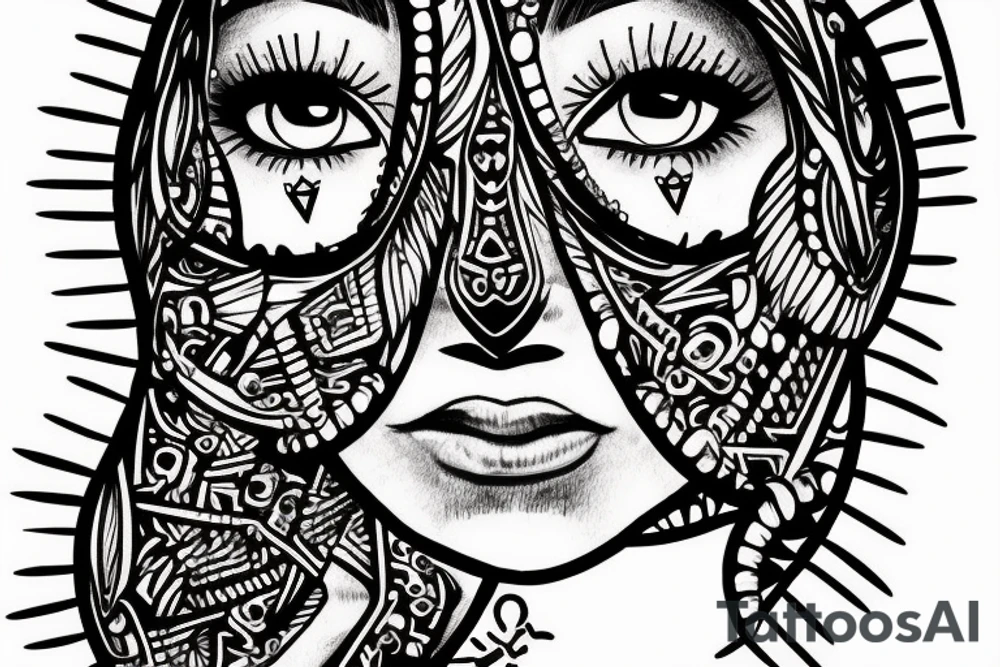 Beautiful Aztecs princess portrait hand detail drawn eyes tattoo idea