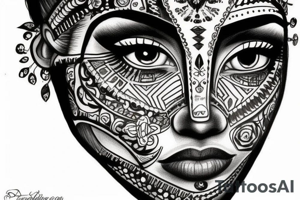 Beautiful Aztecs princess portrait hand detail drawn eyes with a lot of detail tattoo idea