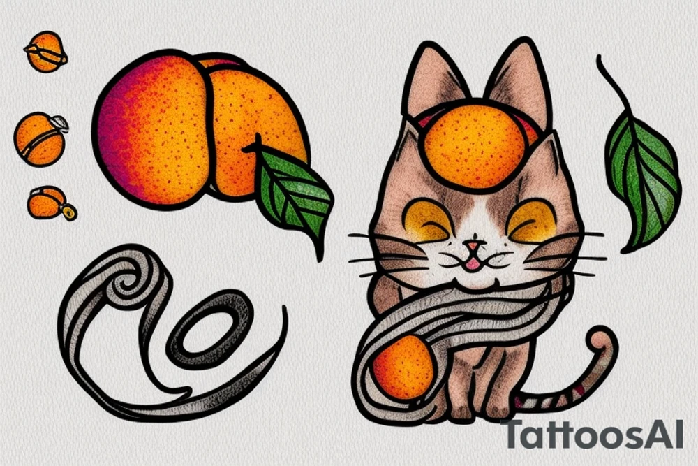 Small cat drawn with peaches peach flowers and peach tree twigs with a yarn ball made from a fingerprint tattoo idea