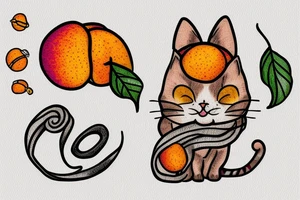 Small cat drawn with peaches peach flowers and peach tree twigs with a yarn ball made from a fingerprint tattoo idea