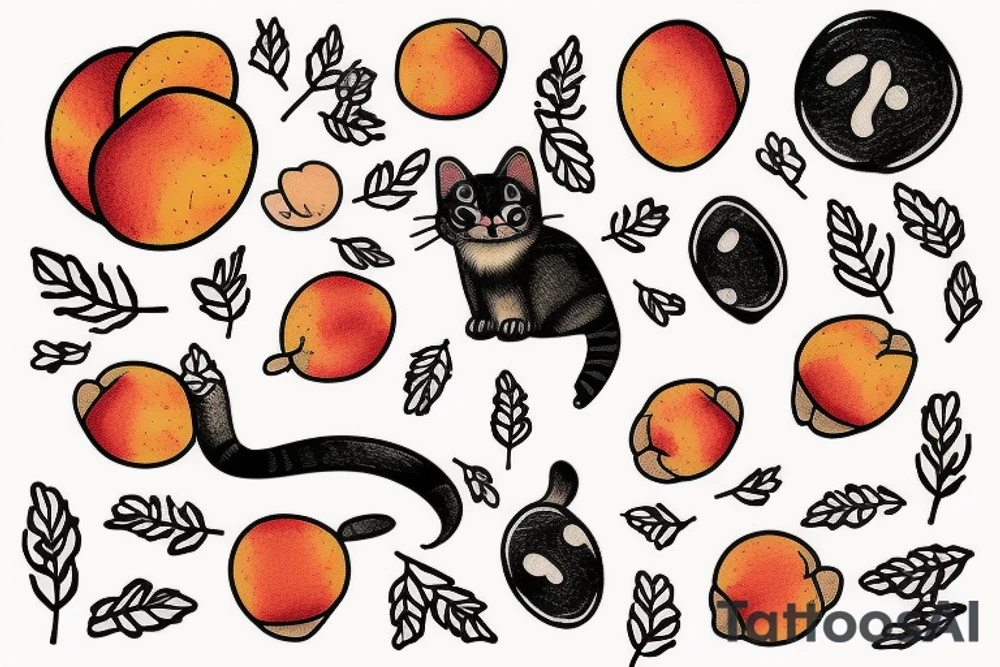 Small cat drawn with peaches peach flowers and peach tree twigs with a yarn ball made from a fingerprint tattoo idea