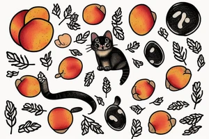 Small cat drawn with peaches peach flowers and peach tree twigs with a yarn ball made from a fingerprint tattoo idea