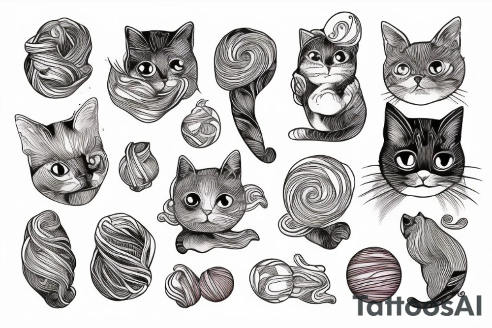 Fine line small cat peaches with a fingerprint yarn ball tattoo idea
