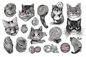Fine line small cat peaches with a fingerprint yarn ball tattoo idea
