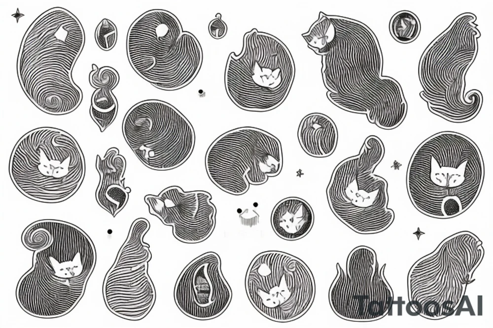 Fine line small cat peaches with a fingerprint yarn ball tattoo idea