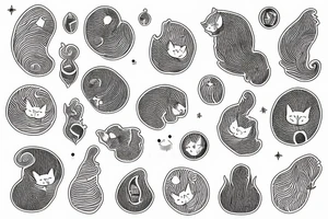 Fine line small cat peaches with a fingerprint yarn ball tattoo idea