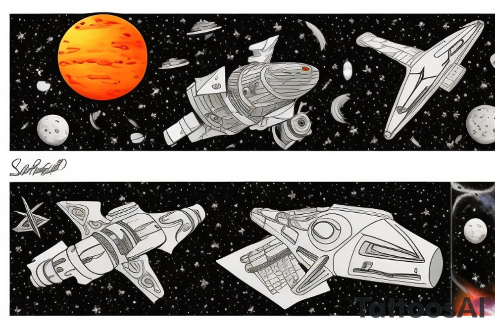 Starship in space flying away from Mars tattoo idea