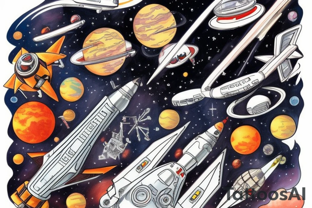 Starship in space flying away from Mars tattoo idea