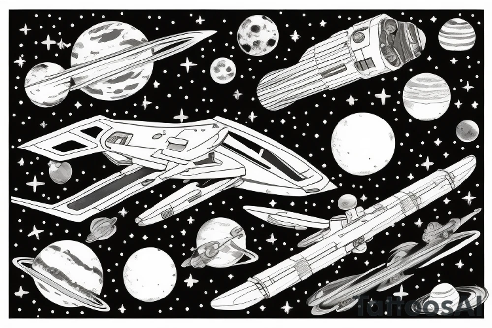 Starship in space flying away from Mars tattoo idea