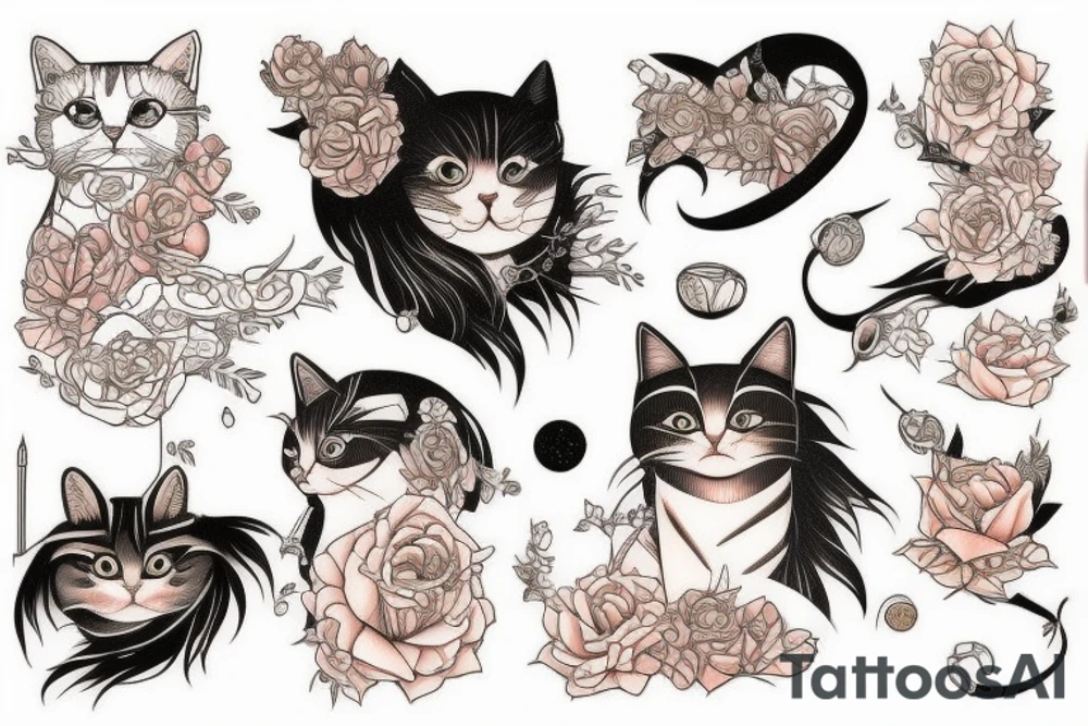 Fine line small cat peaches tattoo idea