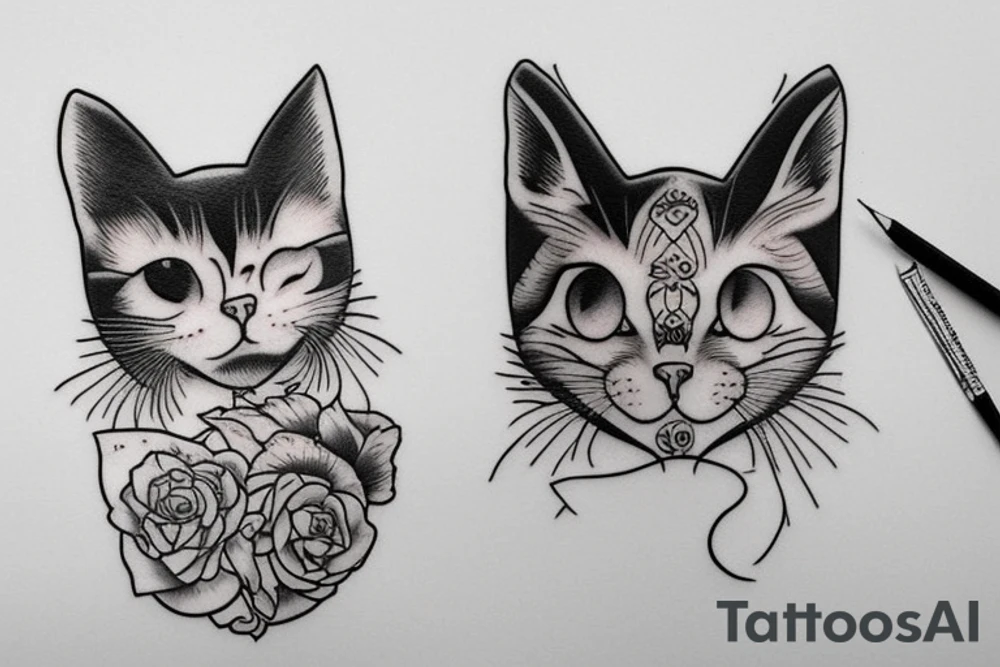 Fine line small cat peaches tattoo idea