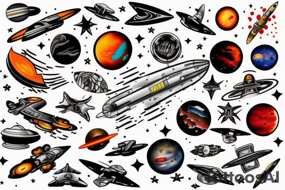 Starship in space flying away from Mars tattoo idea