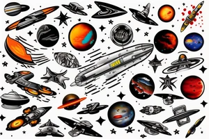Starship in space flying away from Mars tattoo idea