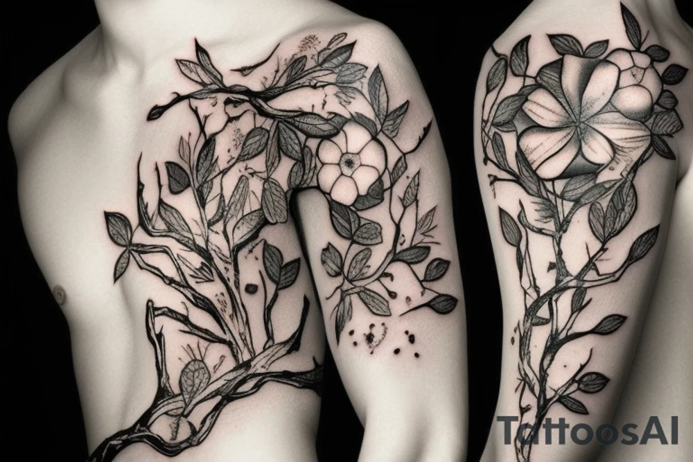 Fine line cat made of twigs, peaches and flowers tattoo idea