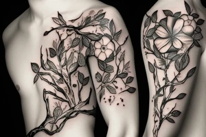 Fine line cat made of twigs, peaches and flowers tattoo idea