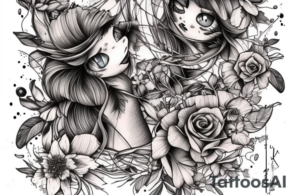 Fine line cat made of twigs, peaches and flowers tattoo idea