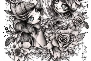 Fine line cat made of twigs, peaches and flowers tattoo idea