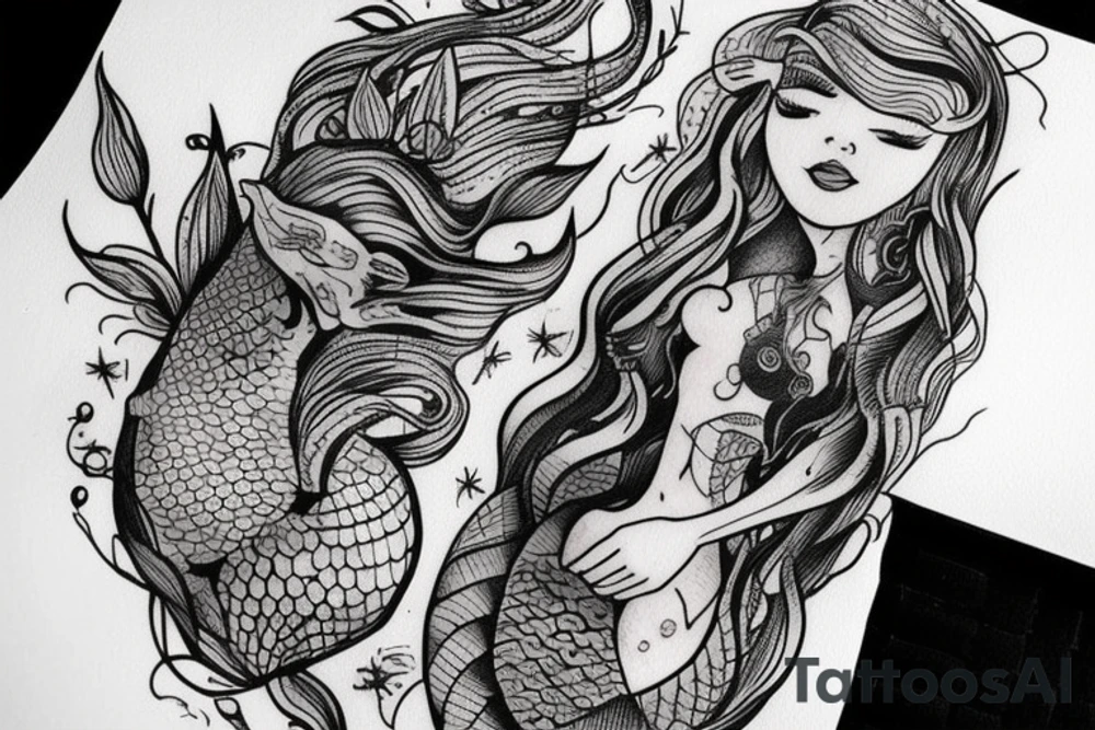 I’d like a tattoo focused on a mermaid who’s being held together by stitches. Whose body isn’t holding up but her mind is trying to stay modern. tattoo idea