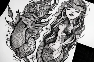 I’d like a tattoo focused on a mermaid who’s being held together by stitches. Whose body isn’t holding up but her mind is trying to stay modern. tattoo idea