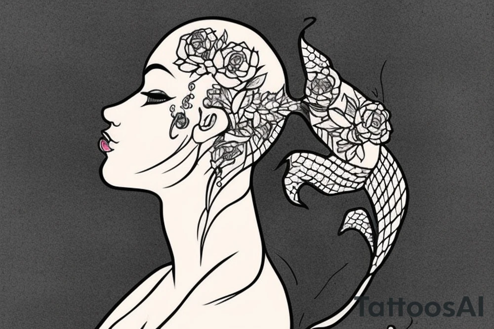 I’d like a tattoo focused on a mermaid who’s being held together by stitches. Whose body isn’t holding up but her mind is trying to stay modern. tattoo idea