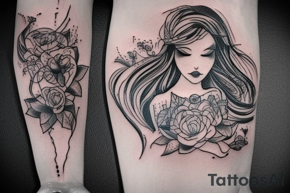 I’d like a tattoo focused on a mermaid who’s being held together by stitches. Whose body isn’t holding up but her mind is trying to stay modern. tattoo idea