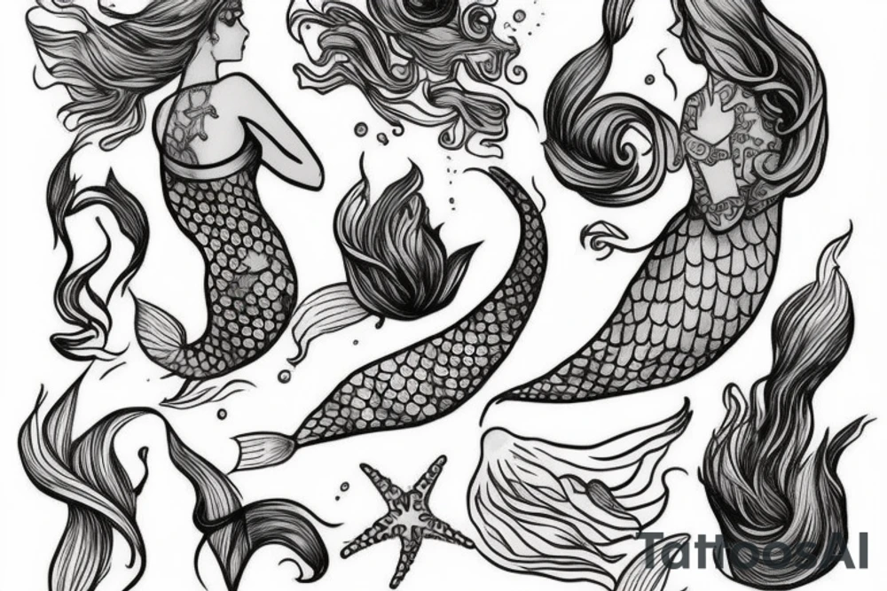 I’d like a tattoo focused on a mermaid who’s being held together by stitches. Whose body isn’t holding up but her mind is trying to stay modern. tattoo idea