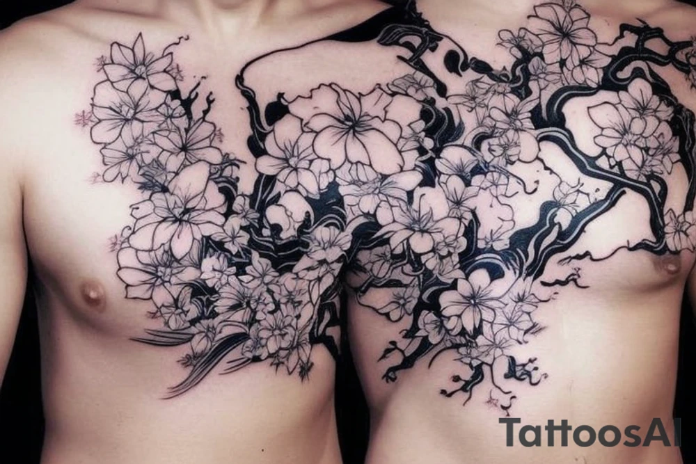 Sué god near the top of the left chest, with something that represent gravity and quantum. With A cherry blossom tree that runs through. It will be a half sleeve tattoo idea