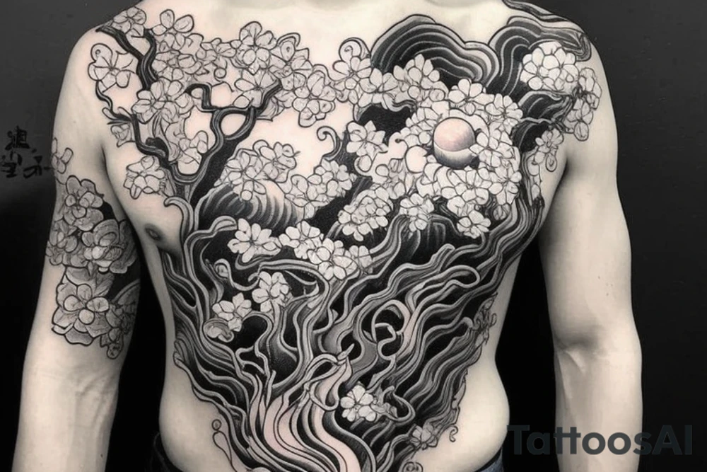 Sué god near the top of the left chest, with something that represent gravity and quantum. With A cherry blossom tree that runs through. It will be a half sleeve tattoo idea