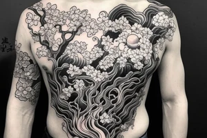 Sué god near the top of the left chest, with something that represent gravity and quantum. With A cherry blossom tree that runs through. It will be a half sleeve tattoo idea