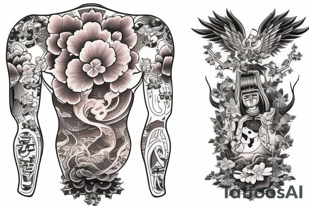 Sué god near the top of the left chest, with something that represent gravity and quantum mechanics. With A cherry blossom tree that runs through. It will be a half sleeve tattoo idea