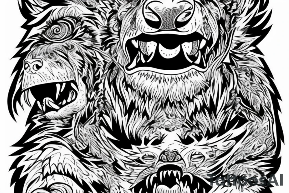 Unique beast of a bear, furious and roaring, larger than a city tattoo idea