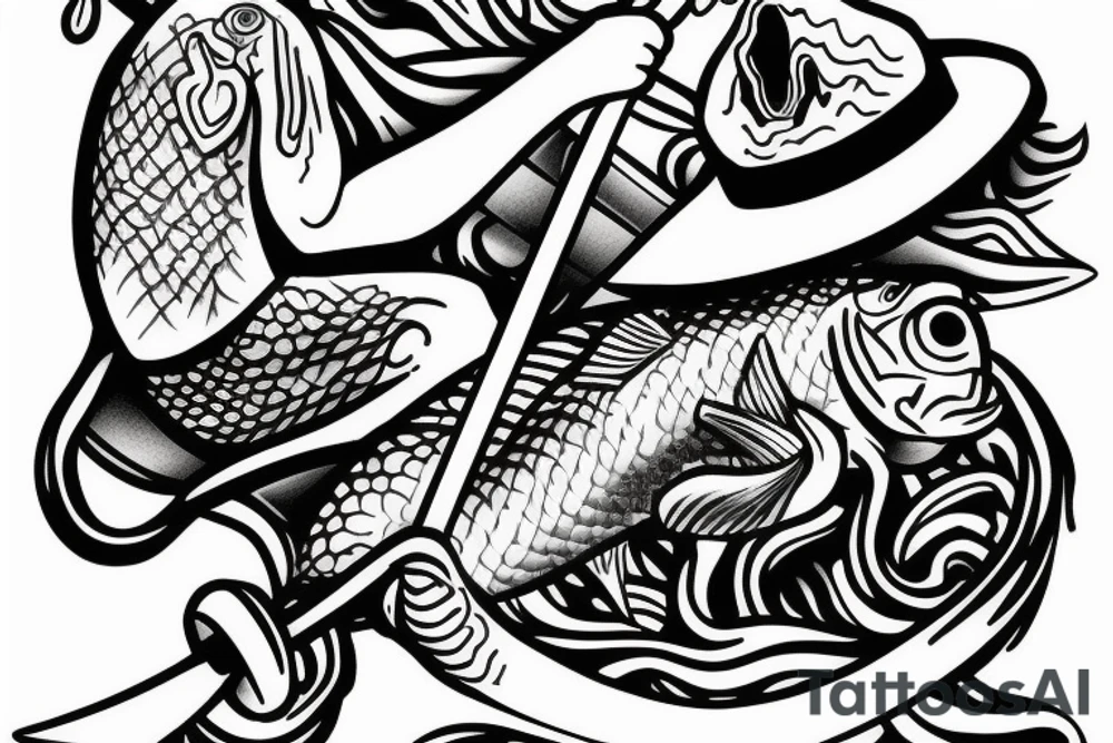 Man with a fishing rod by the lake tattoo idea