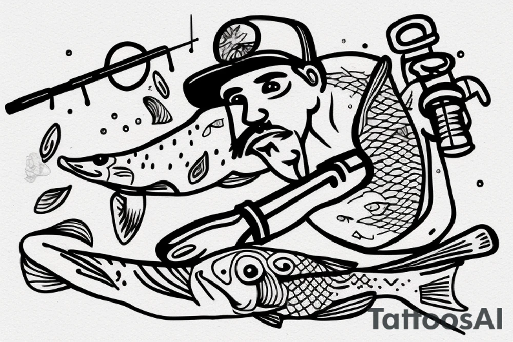 Man with a fishing rod by the lake tattoo idea