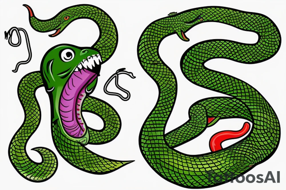 green monster with a snake tongue in a sweater, with a fiery tail tattoo idea
