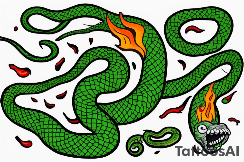 green monster with a snake tongue in a sweater, with a fiery tail tattoo idea