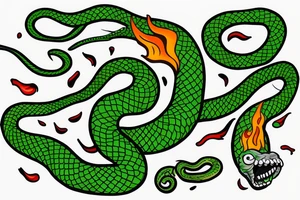 green monster with a snake tongue in a sweater, with a fiery tail tattoo idea