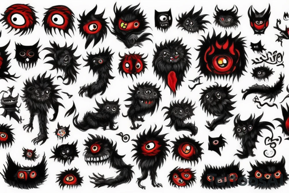 fluffy black monster with red eyes tattoo idea
