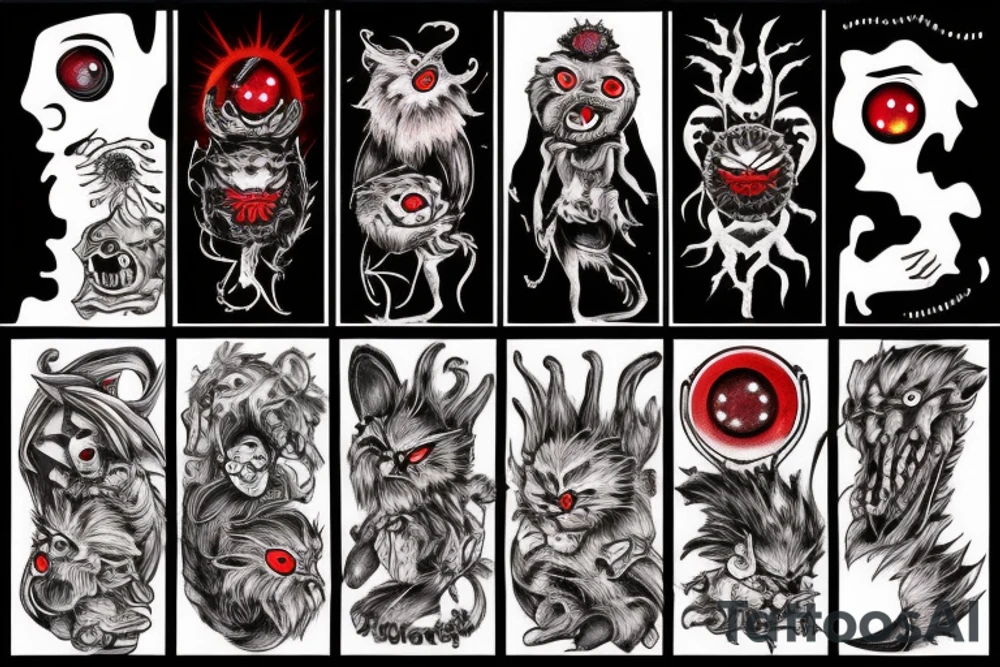 fluffy black monster with red eyes tattoo idea