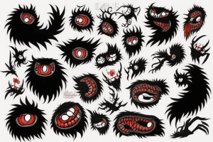 fluffy black monster with red eyes tattoo idea