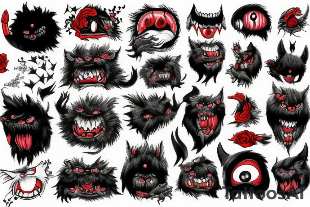 fluffy black monster with red eyes tattoo idea